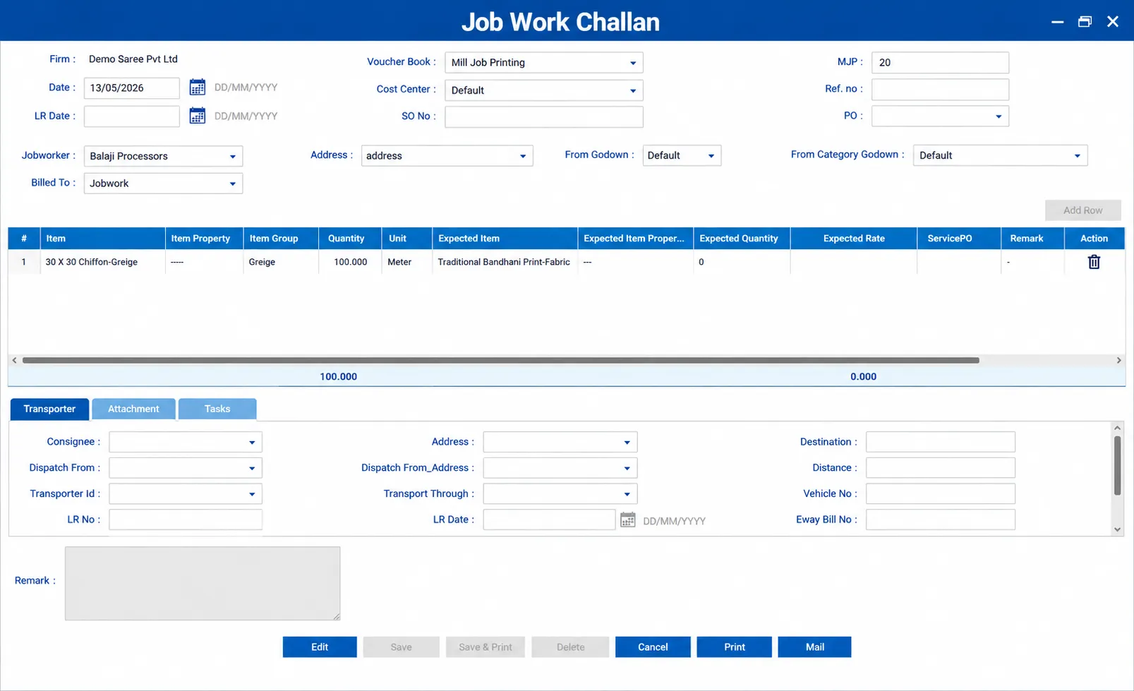 Job Work Challan — material details, mill, process, quantity